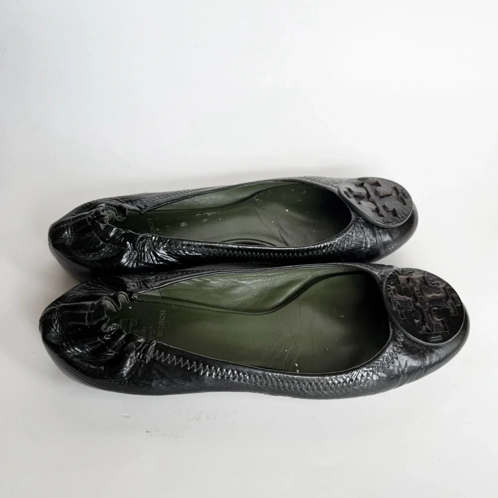 Tory Burch Green Patent Leather Minnie Flats Size 8